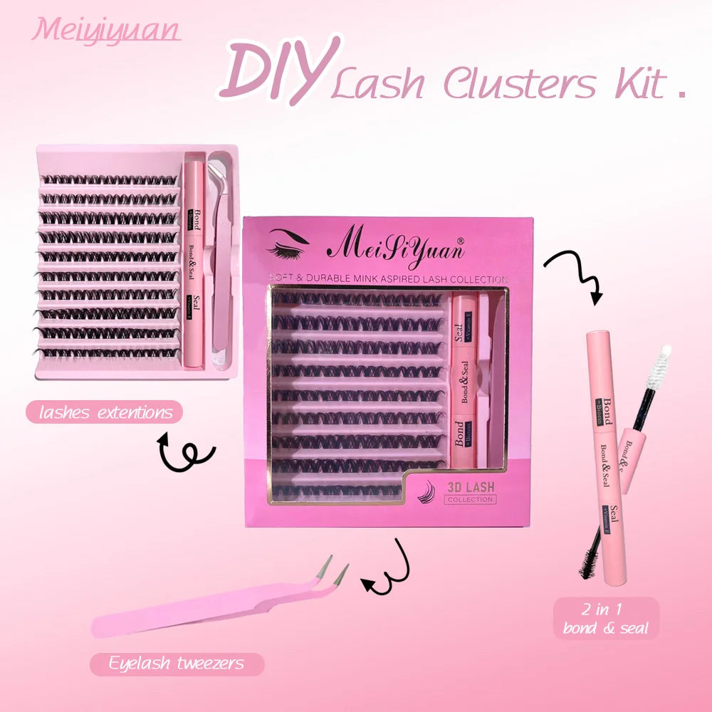3D 190 PCS Cluster Lashes Kit – Lash Bond and Seal, Makeup Tools,DIY Lash Extension Set with Glue Accessories and Eyelash Curler