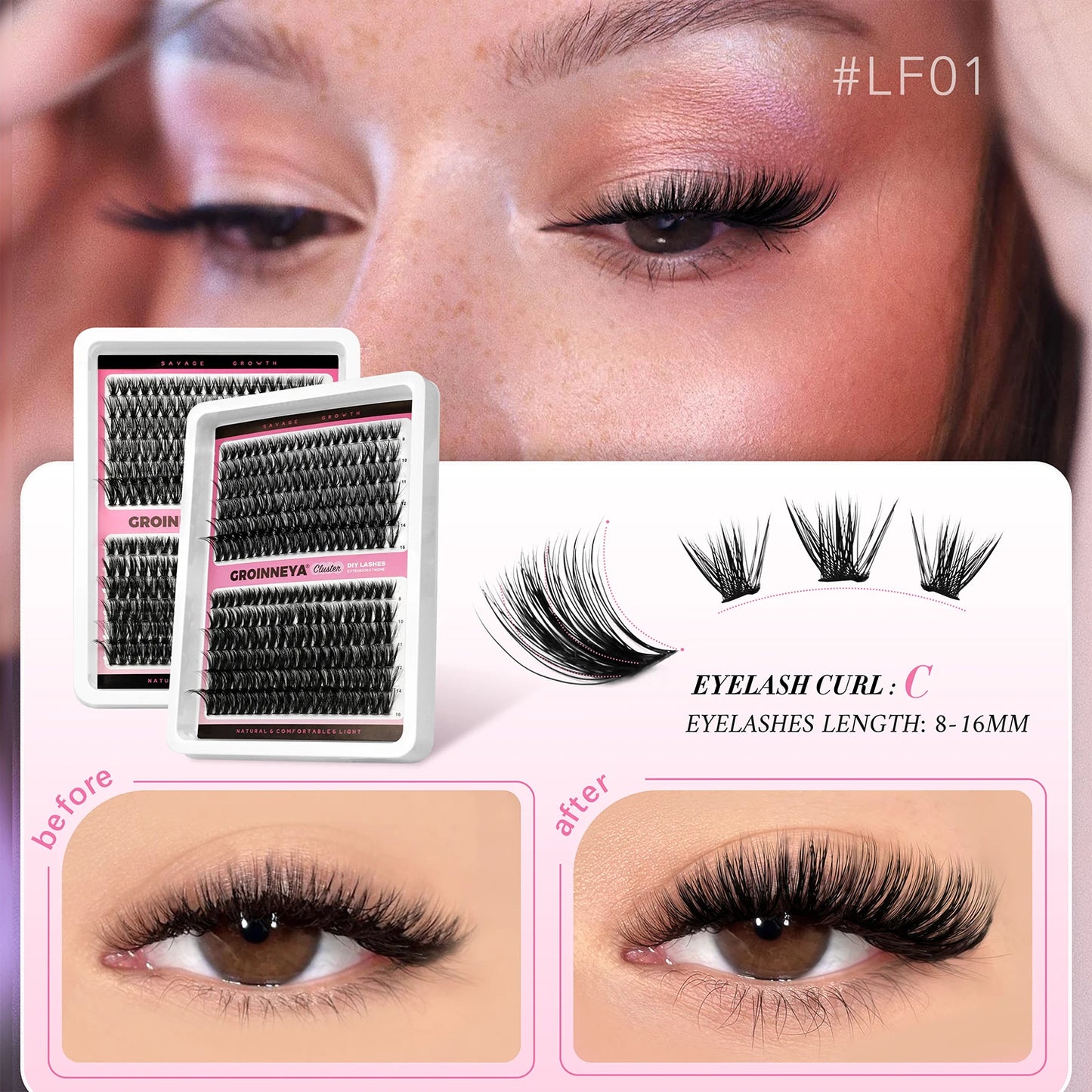 GROINNEYA DIY False Eyelashes Kit High Capacity Individual Lashes Extension Mixed Tray Volume 60P+80P Clusters Lashes Set Makeup