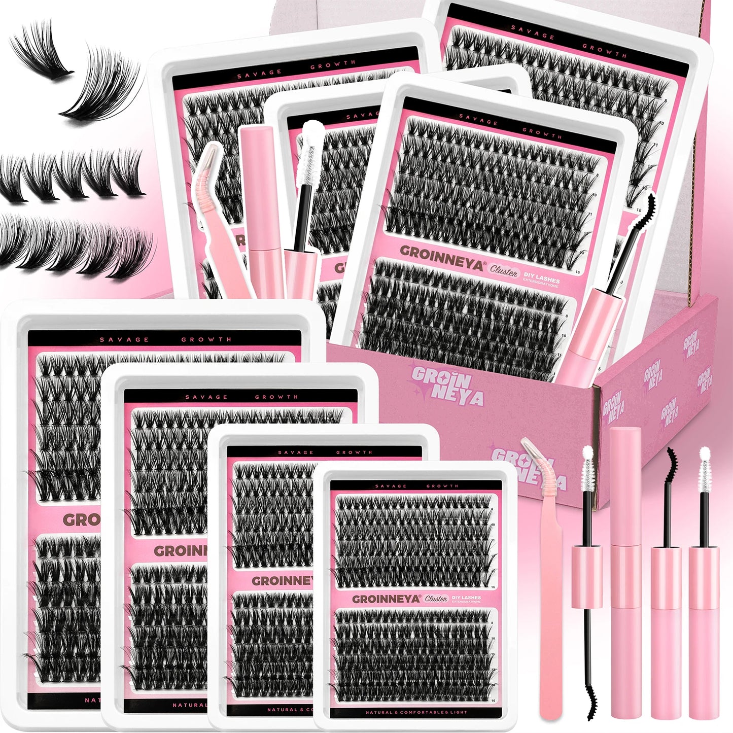 GROINNEYA DIY False Eyelashes Kit High Capacity Individual Lashes Extension Mixed Tray Volume 60P+80P Clusters Lashes Set Makeup