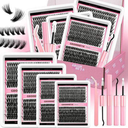 GROINNEYA DIY False Eyelashes Kit High Capacity Individual Lashes Extension Mixed Tray Volume 60P+80P Clusters Lashes Set Makeup