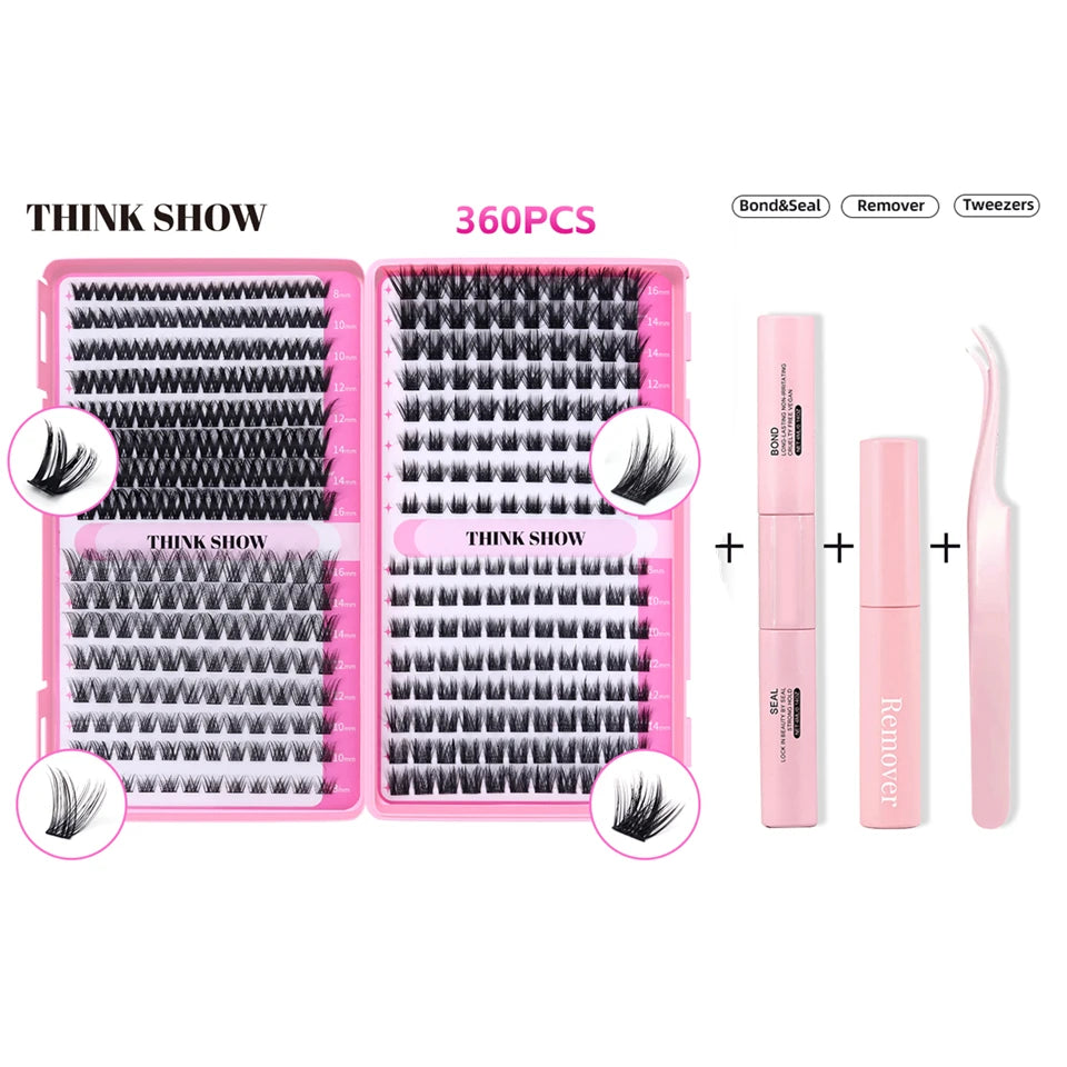 THINKSHOW DIY Lashes Extensions Kit 640pcs Lash Clusters 40D/60D Wispy Individual Lashes Mix 8-16mm Cluster Eyelash Extension