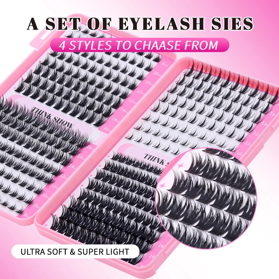 THINKSHOW DIY Lashes Extensions Kit 640pcs Lash Clusters 40D/60D Wispy Individual Lashes Mix 8-16mm Cluster Eyelash Extension