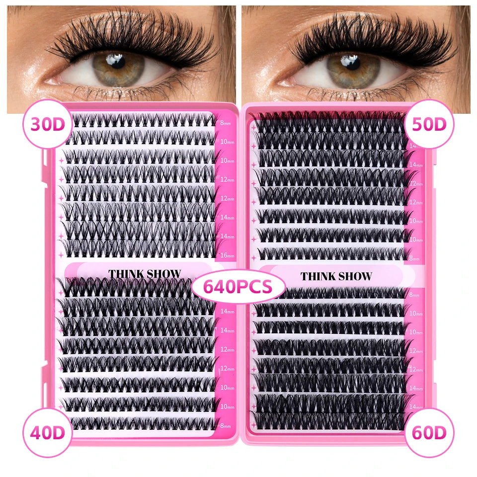 THINKSHOW DIY Lashes Extensions Kit 640pcs Lash Clusters 40D/60D Wispy Individual Lashes Mix 8-16mm Cluster Eyelash Extension