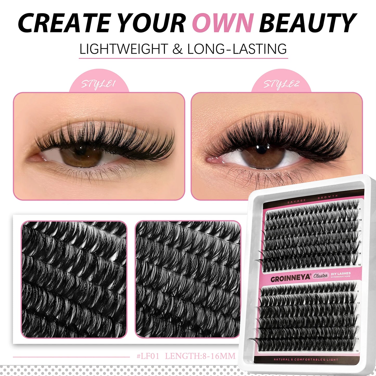 GROINNEYA DIY False Eyelashes Kit High Capacity Individual Lashes Extension Mixed Tray Volume 60P+80P Clusters Lashes Set Makeup