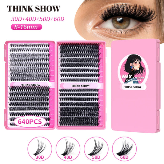 THINKSHOW DIY Lashes Extensions Kit 640pcs Lash Clusters 40D/60D Wispy Individual Lashes Mix 8-16mm Cluster Eyelash Extension