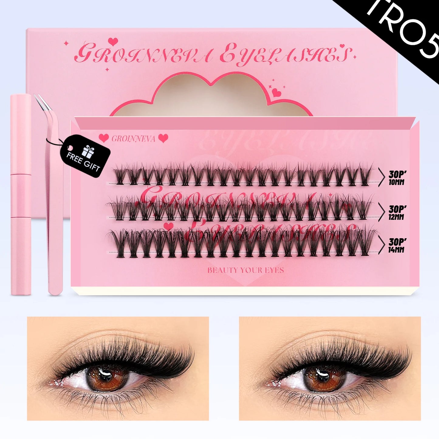GROINNEYA DIY False Eyelashes Kit High Capacity Individual Lashes Extension Mixed Tray Volume 60P+80P Clusters Lashes Set Makeup