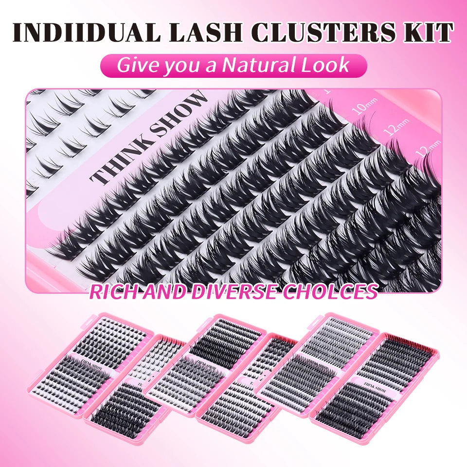 THINKSHOW DIY Lashes Extensions Kit 640pcs Lash Clusters 40D/60D Wispy Individual Lashes Mix 8-16mm Cluster Eyelash Extension