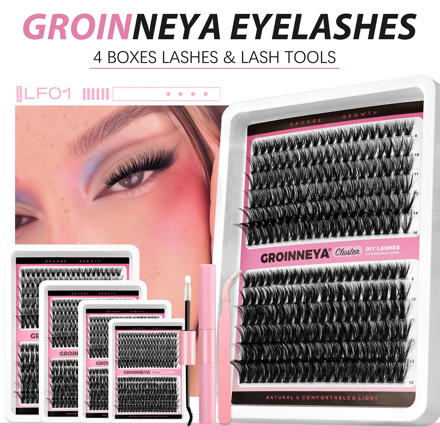 GROINNEYA DIY False Eyelashes Kit High Capacity Individual Lashes Extension Mixed Tray Volume 60P+80P Clusters Lashes Set Makeup