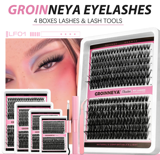 GROINNEYA DIY False Eyelashes Kit High Capacity Individual Lashes Extension Mixed Tray Volume 60P+80P Clusters Lashes Set Makeup