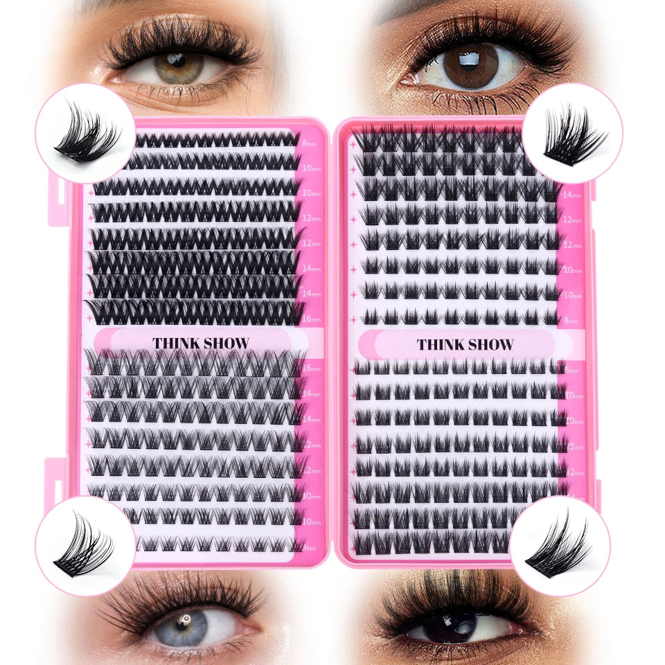 THINKSHOW Lash Clusters Kit Cat Lashes 640 Pcs with Lash Bond & Seal Cluster Eyelash Extensions Eyelash Clusters Kit DIY at Home
