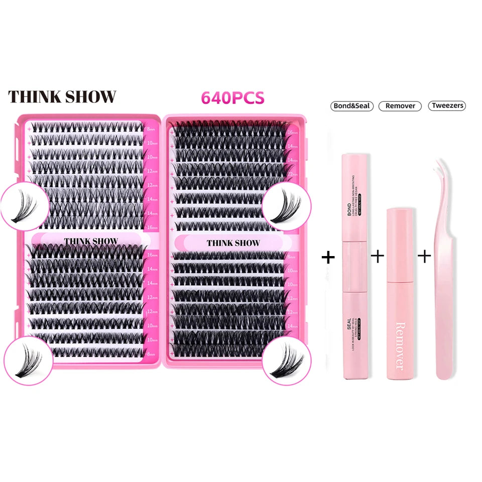 THINKSHOW Lash Clusters Kit Cat Lashes 640 Pcs with Lash Bond & Seal Cluster Eyelash Extensions Eyelash Clusters Kit DIY at Home