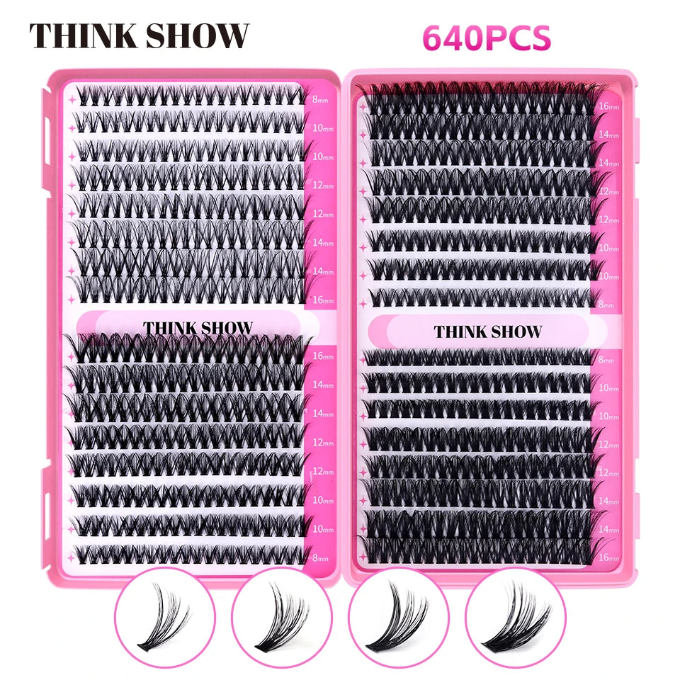THINKSHOW DIY Lashes Extensions Kit 640pcs Lash Clusters 40D/60D Wispy Individual Lashes Mix 8-16mm Cluster Eyelash Extension