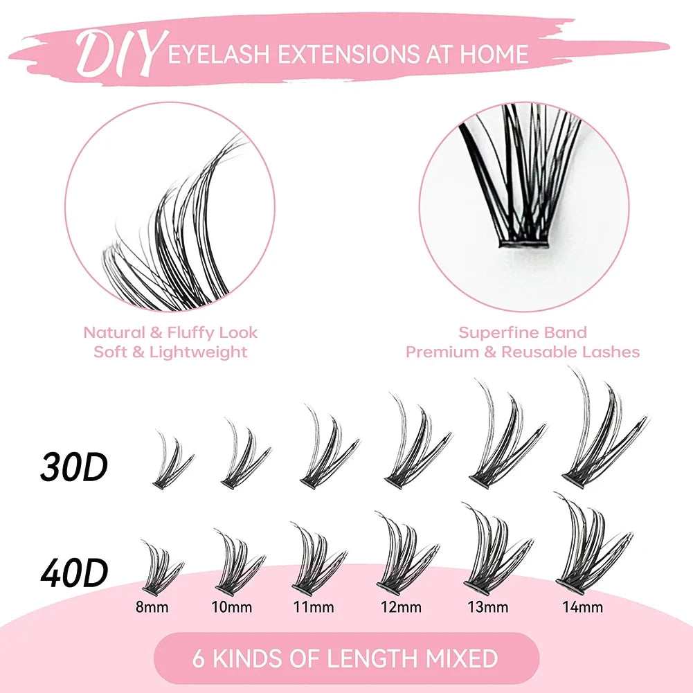 10 Rows Individual Lashes Kit Natural Long DIY Cluster Eyelashes with Lash Bond and Seal Extension Kit Makeup Tools Faux Cils