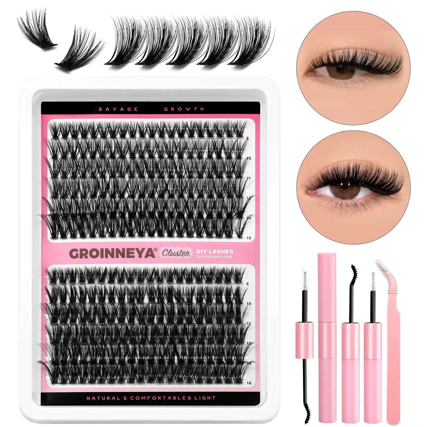 GROINNEYA DIY False Eyelashes Kit High Capacity Individual Lashes Extension Mixed Tray Volume 60P+80P Clusters Lashes Set Makeup